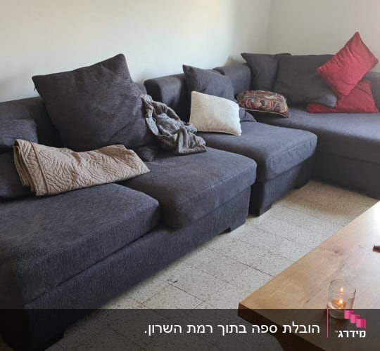 ספה אפורה עם כריות צבעוניות ושולחן עץ קטן